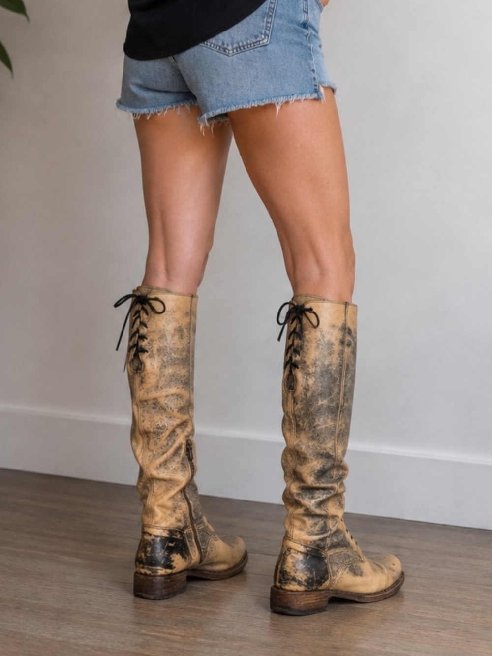 BED|STU Distressed Tan and Black-Wash Over-the-Knee Leather Boots - Picture 2 of 10